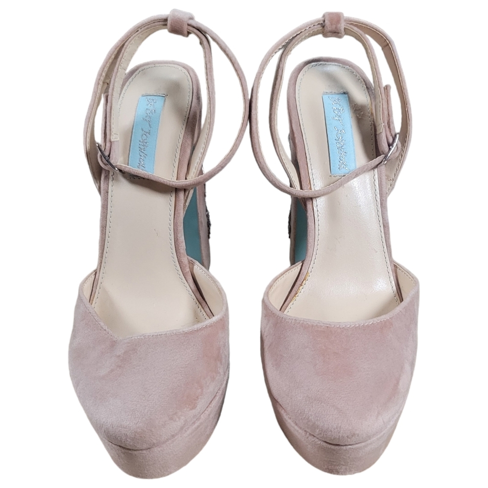 Betsey Johnson Blush Pink Velvet Platform Heels with Embellished Block Heel - Picture 5 of 15